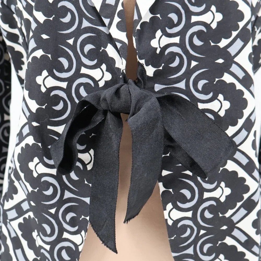 Liza Byrd Tie Front Blazer Womens Size M Office Career Black White Cotton Brunch - Picture 9 of 12